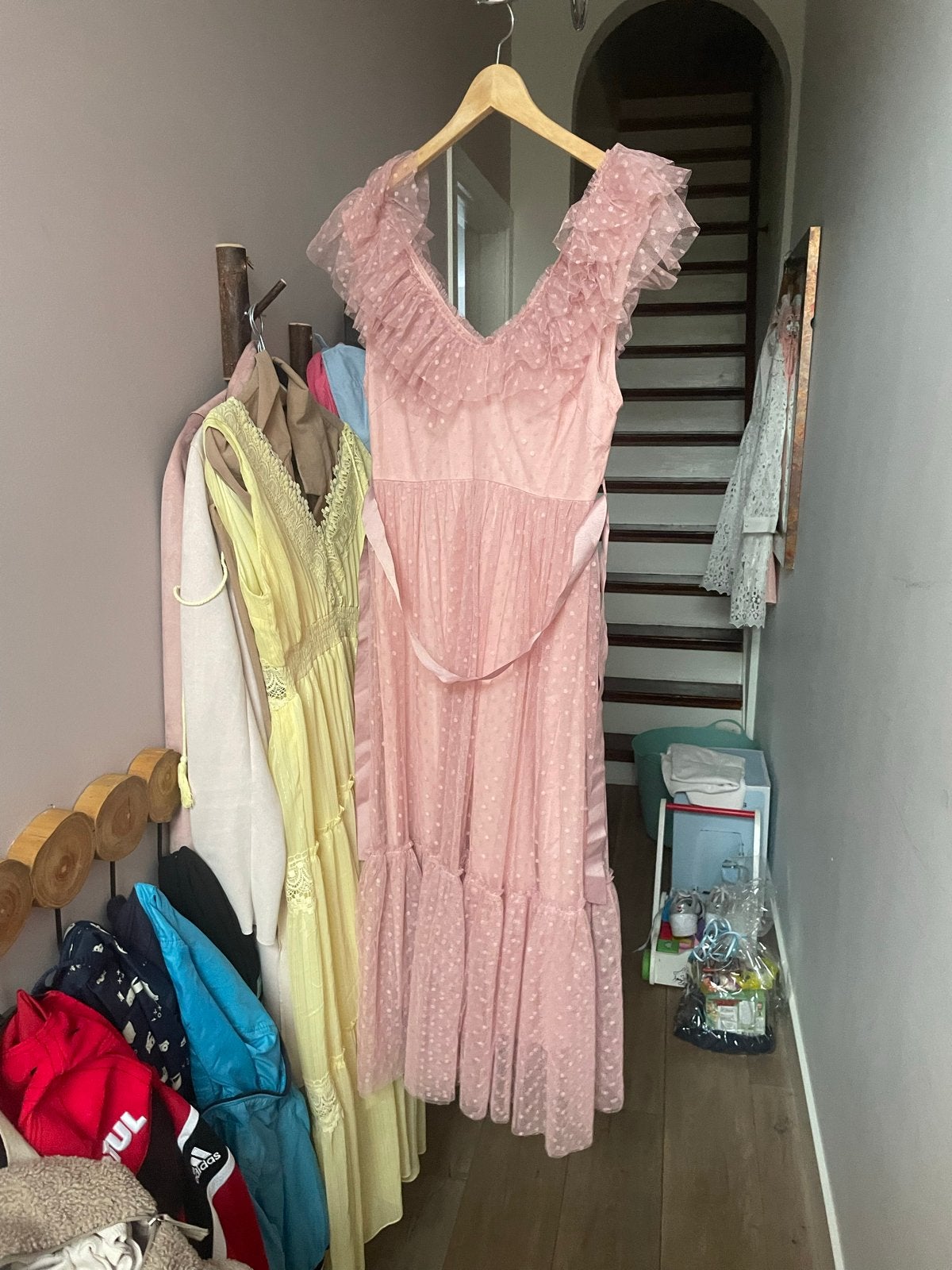 Roze jurk met ruches en stippen, Maat 38/40 (M), Ophalen of Verzenden, Zo goed als nieuw, Roze
