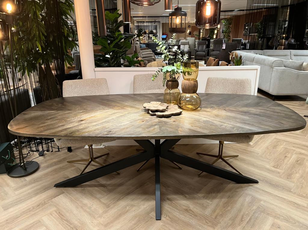Grote eettafel ovaal met metalen spinpoot 220cm olijf brown, Ophalen of Verzenden, Nieuw, Rechthoekig