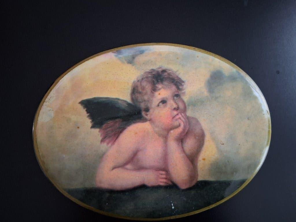Brocante ovaal lakdoosje met cherub *eureka*, Antiek en Kunst, Ophalen of Verzenden