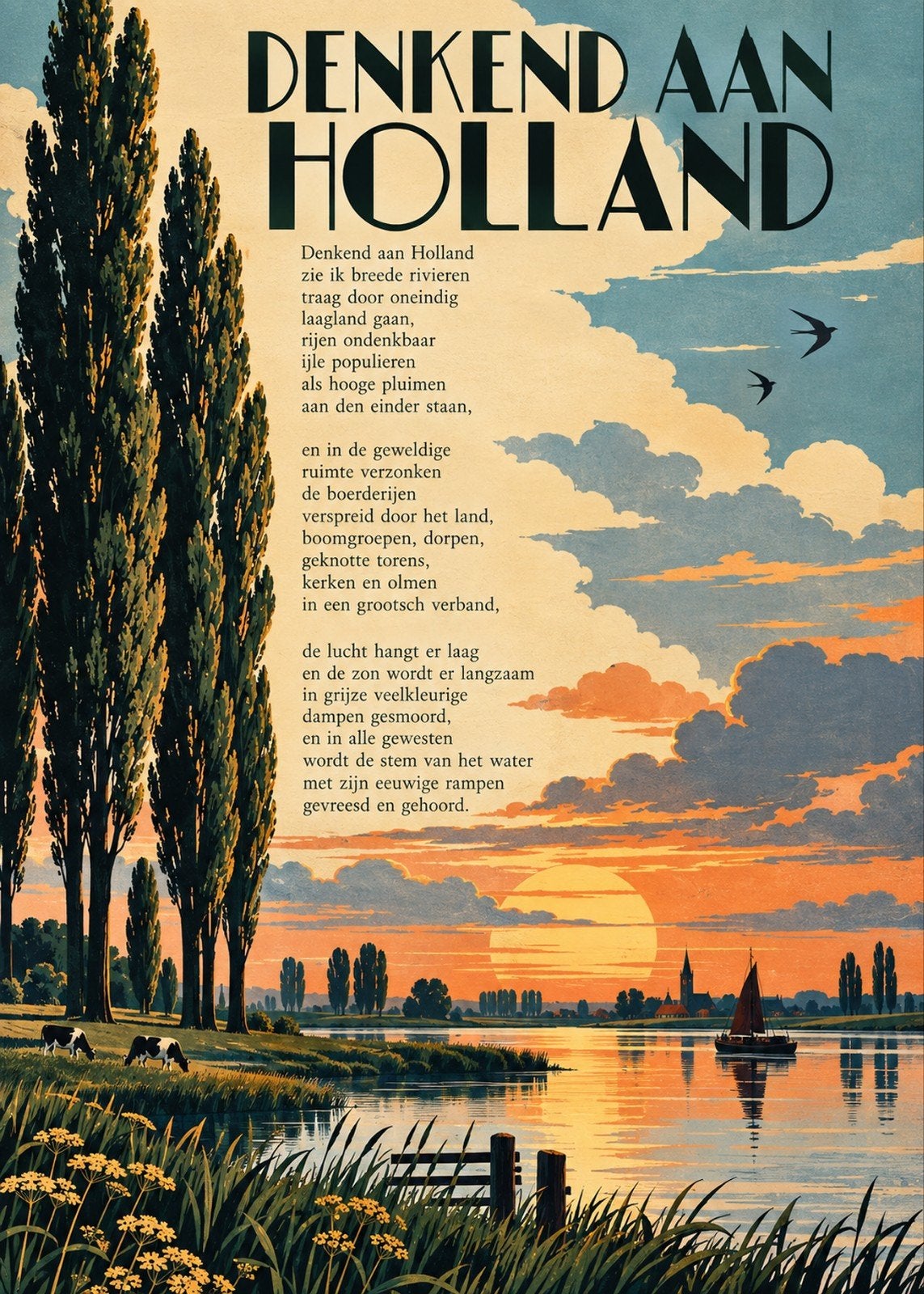 Poster Gedicht 'Denkend aan Holland' van H. Marsman, Verzamelen, Rechthoekig Staand, Nieuw, Ophalen of Verzenden, A1 t/m A3