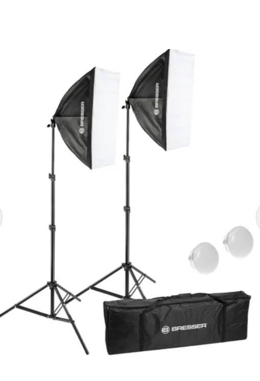 Bresser Fotostudio Set: 2x Statief, 2x Lamp, Softboxen, Tas, Ophalen, Zo goed als nieuw, Complete fotostudio