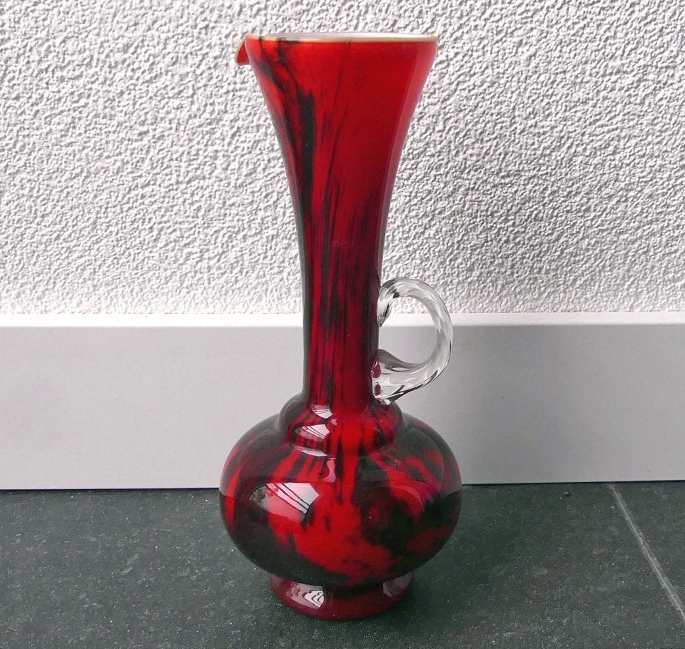Vintage vaas glas Opaline Florence rood Opalina Fiorentina, Gebruikt, Met patroon/structuur, Ophalen of Verzenden, Glas