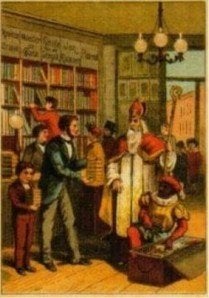 St. Sint Nicolaas Sinterklaas bezoekt een boekhandel 1920, Verzamelen, Ansichtkaarten | Themakaarten, Verzenden, Voor 1920, Ongelopen
