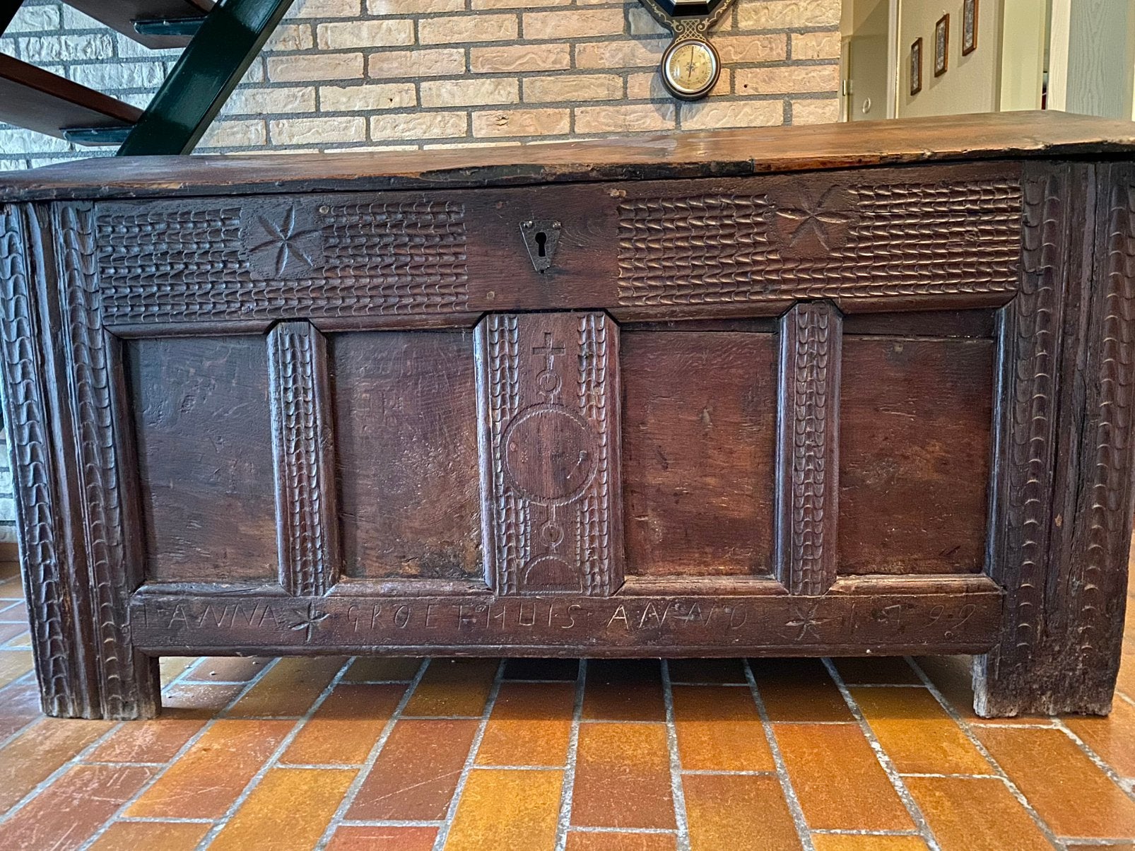 Antieke eiken dekenkist / bruidskist - Anno 1792, Ophalen, Gebruikt, 100 tot 150 cm
