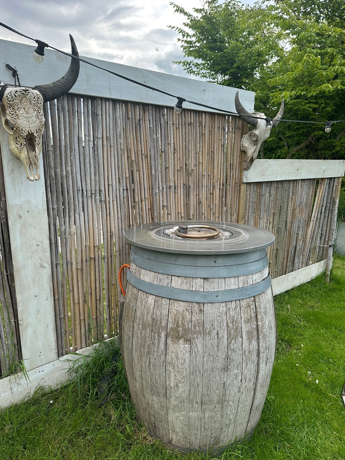 Vuurhaard op gas in regenton  . Heel leuk met marmeren rand, 150 liter of meer, Ophalen of Verzenden, Gebruikt, Met kraantje
