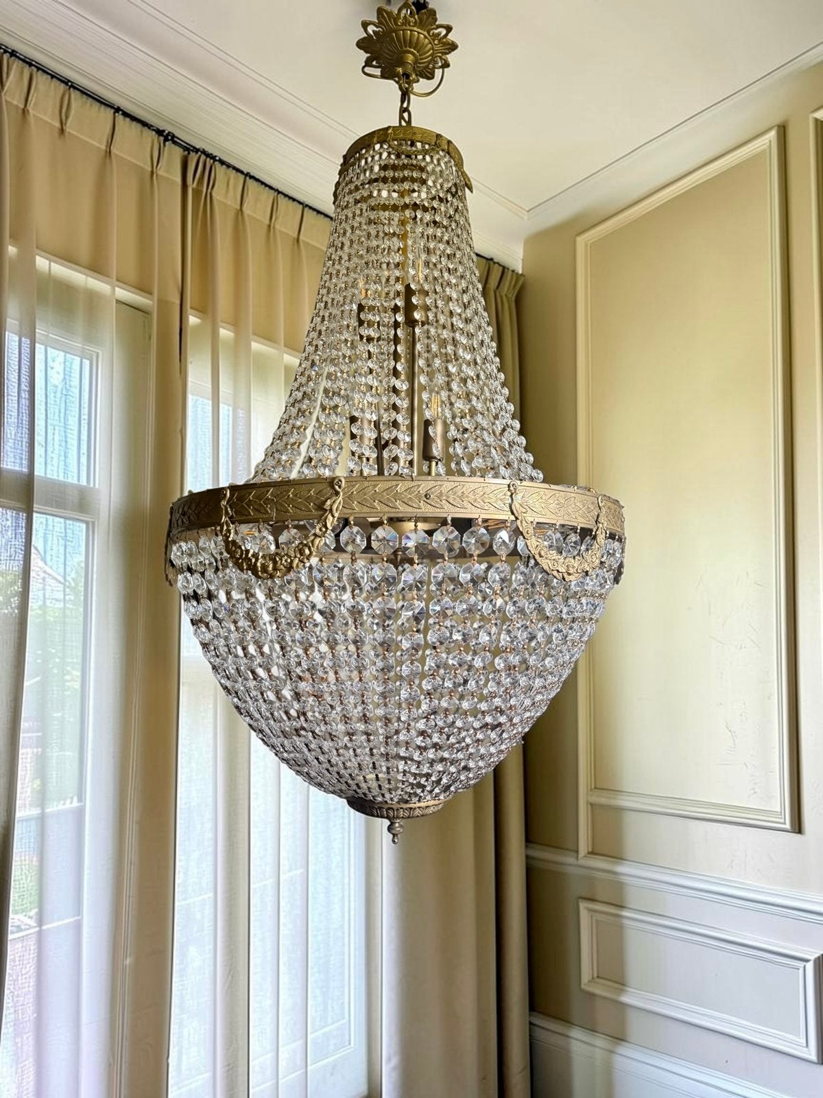 Zeer grote antieke Empire kristallen kroonluchter | 125 cm, Huis en Inrichting, Lampen | Kroonluchters, Ophalen of Verzenden, Zo goed als nieuw