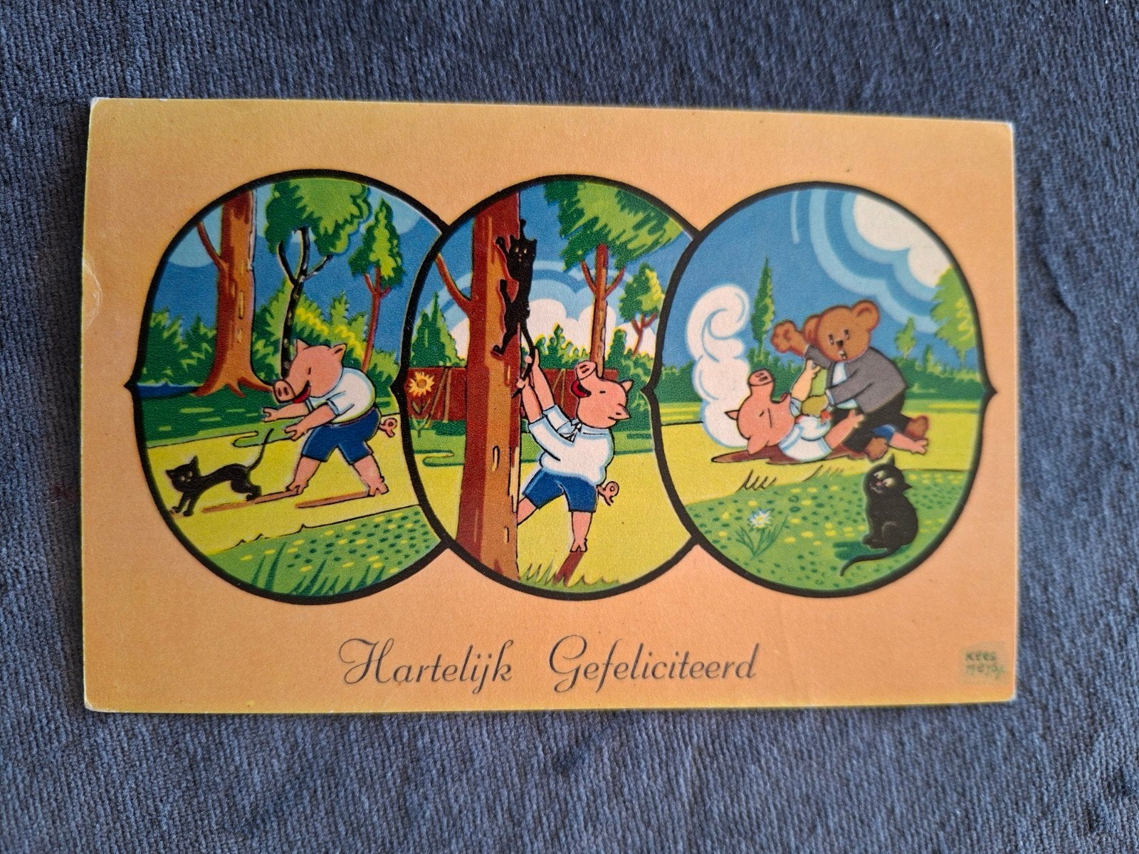 Kees Meys, soort 3 luik, verhaaltje Varken/Poes/ Beer, Verzenden, 1940 tot 1960, Gelopen, Overige thema's
