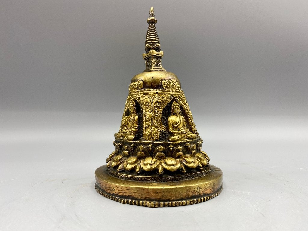 bronzen stupa in ghanta vorm met vier Boeddhas nepal beeld, Ophalen of Verzenden, Zo goed als nieuw, Nvt, Nvt