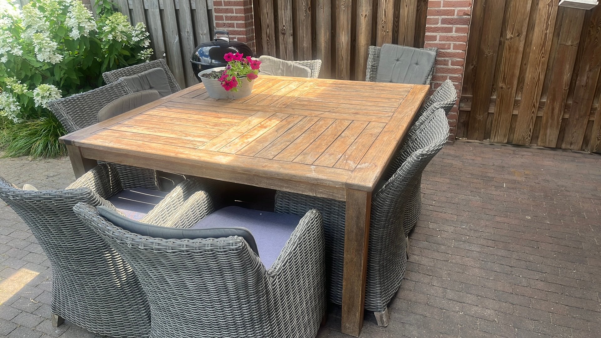 Teakhouten tuintafel met 8 stoelen, Tuin en Terras, Tuinsets en Loungesets, Ophalen, Zo goed als nieuw, Teakhout, Stoel