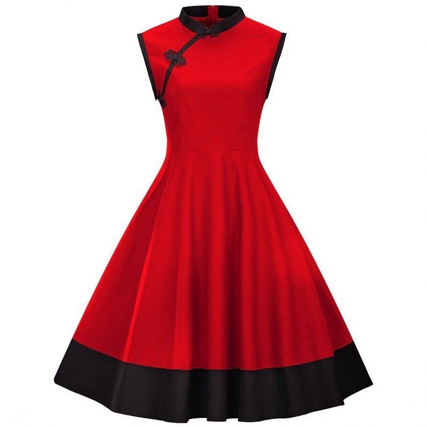 Rode zwarte rockabilly jurk vintage retro dames vrouwen, Verzenden, Nieuw, Meerkleurig, Knielengte