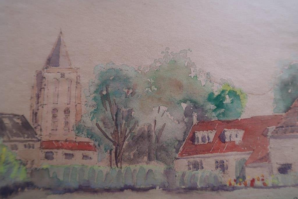 Oostkapelle door C.J.van Erp-1975-schilderstuk,, Ophalen of Verzenden, Stads- / dorpsgezicht