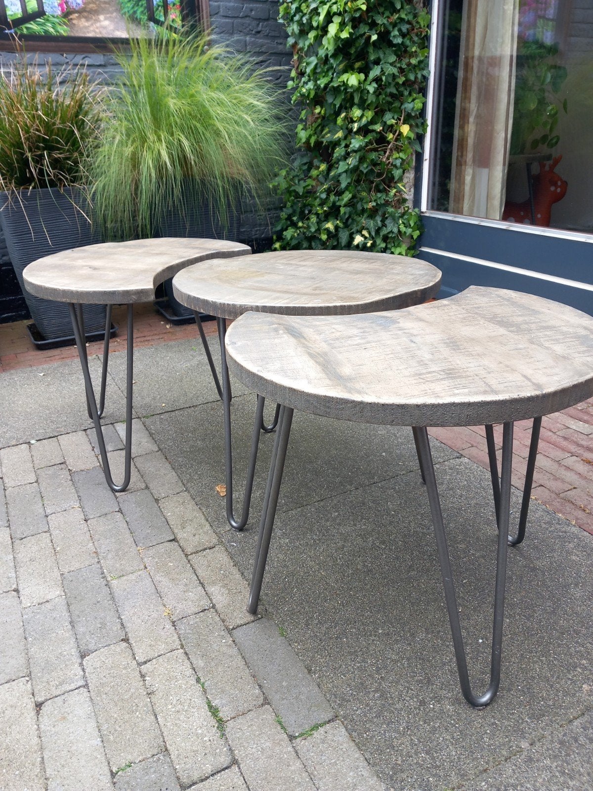 Set van 3 bijzettafels, mangohout en metaal, Overige houtsoorten, Gebruikt, 50 tot 100 cm, Industrieel, landelijk, modern