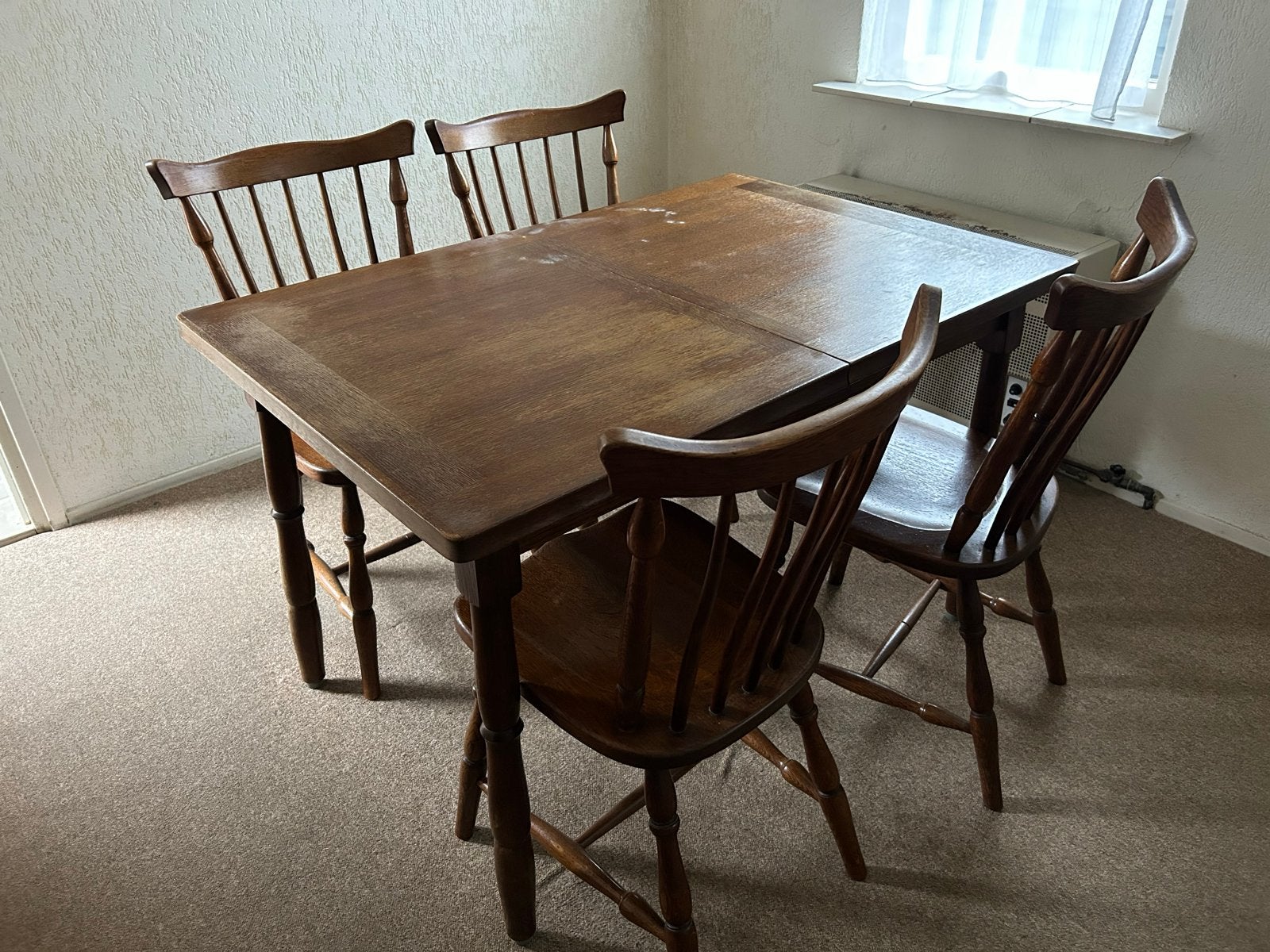 Vintage uitschuifbare eettafel met 4 stoelen, Ophalen, Gebruikt, 100 tot 150 cm, 50 tot 100 cm