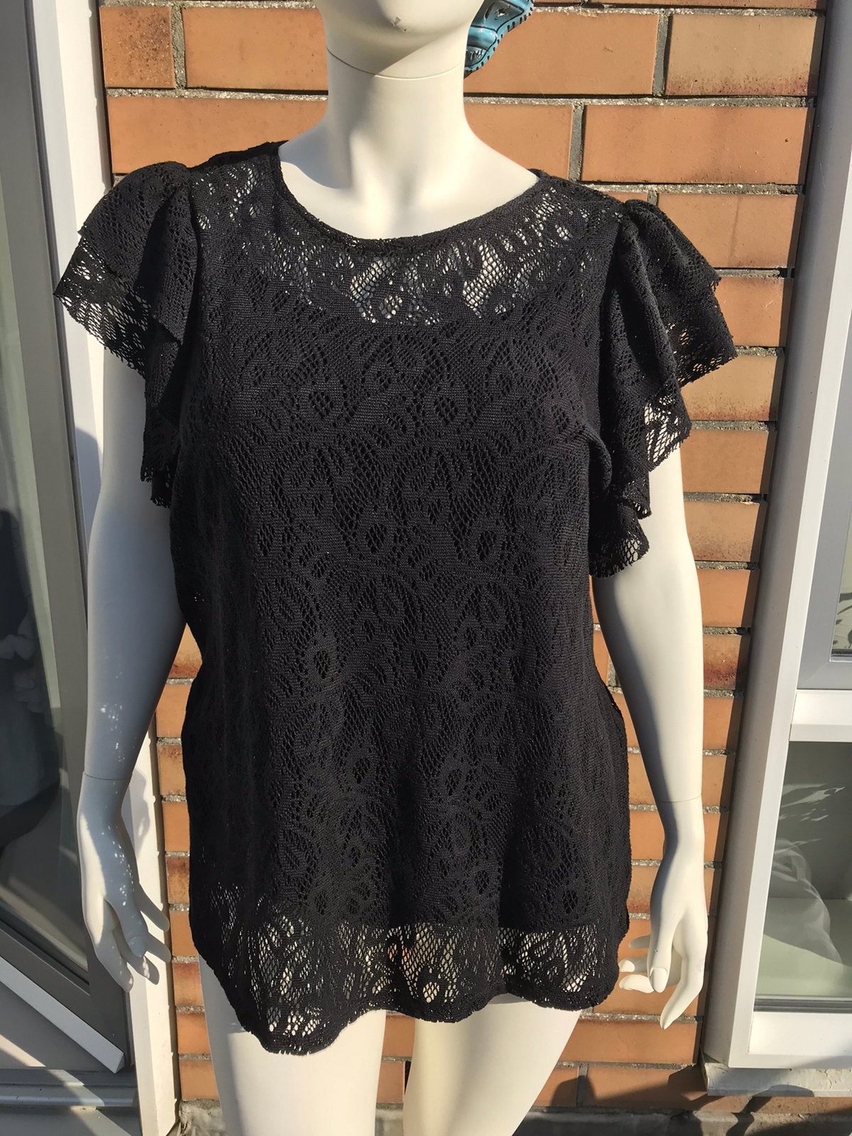 MS Mode zwart top kant korte ruffle mouw mt XL 50/52 Fstvl, Kleding | Dames, Grote Maten, Verzenden, Zwart, Shirt of Top, Zo goed als nieuw