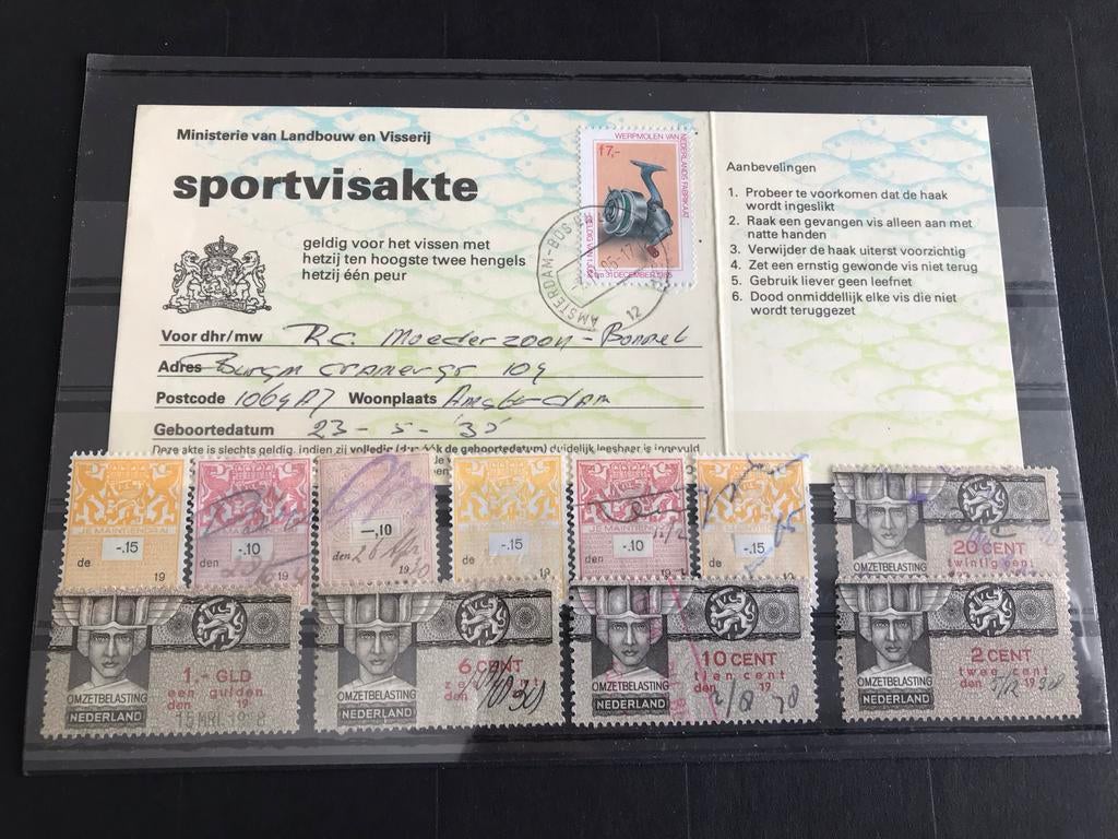 Verzameling Nederlandse zegels en sportvisakte, Postzegels en Munten, Postzegels | Nederland, Ophalen of Verzenden, T/m 1940, Gestempeld