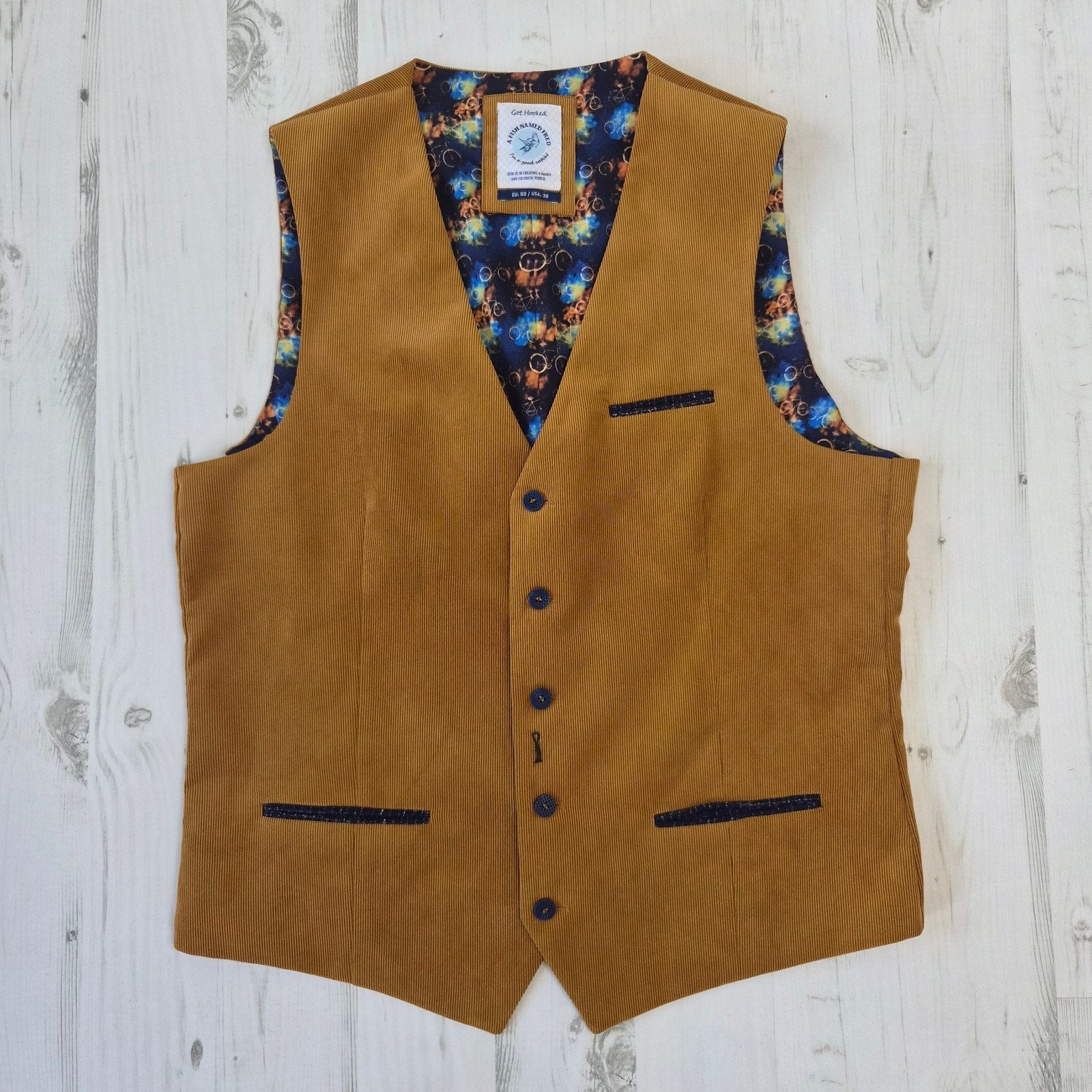 A Fish Named Fred vest waistcoat 50 mosterdgeel, Kleding | Heren, Bruin, Maat 48/50 (M), A Fish Named Fred, Ophalen of Verzenden