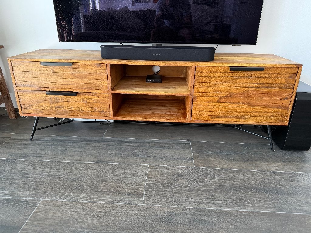 Houten TV meubel met stalen frame, Huis en Inrichting, Kasten | Televisiemeubels, Ophalen, Teakhout, 150 tot 200 cm, Zo goed als nieuw