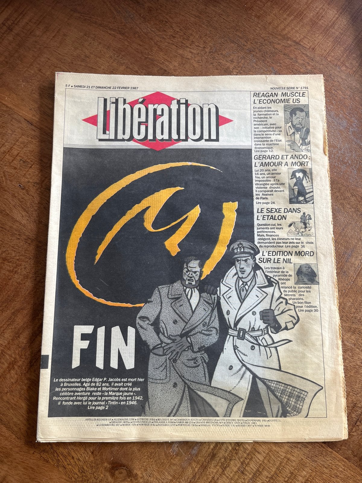 Libération krant - E.P. Jacobs overlijden (1987), Ophalen, Gelezen, Krant