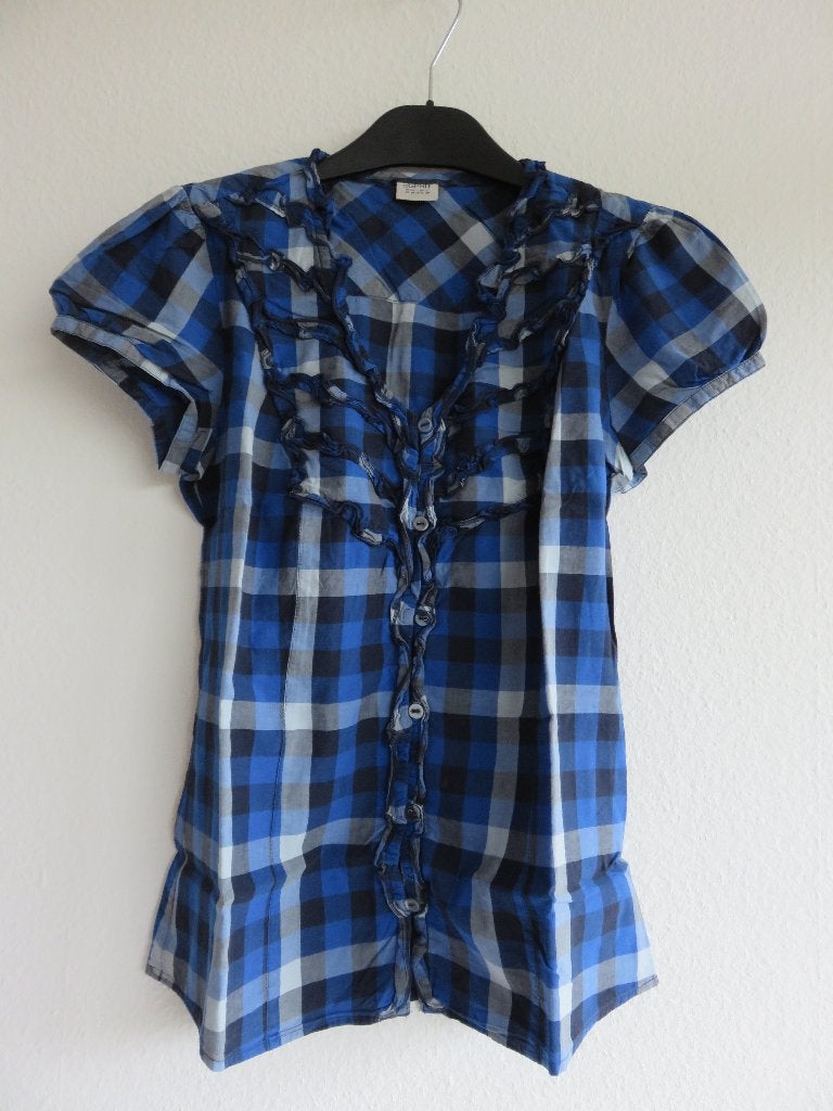 esprit blauwe geruite blouse met korte mouwen maat 36, Blauw, Ophalen of Verzenden, Zo goed als nieuw, Maat 36 (S)