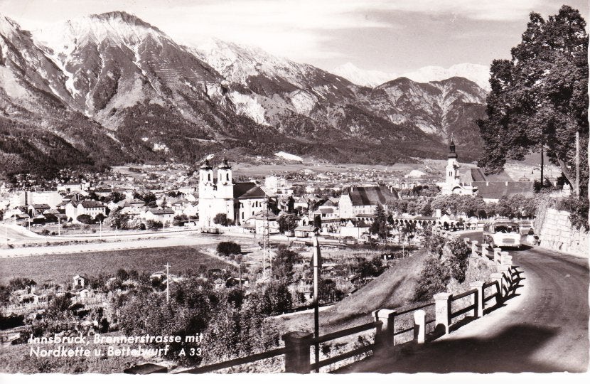INNSBRÜCK,- Brennerstrasse mit Nordkette u Bettelwurf. 08-07, Ophalen of Verzenden, 1940 tot 1960, Ongelopen, Oostenrijk