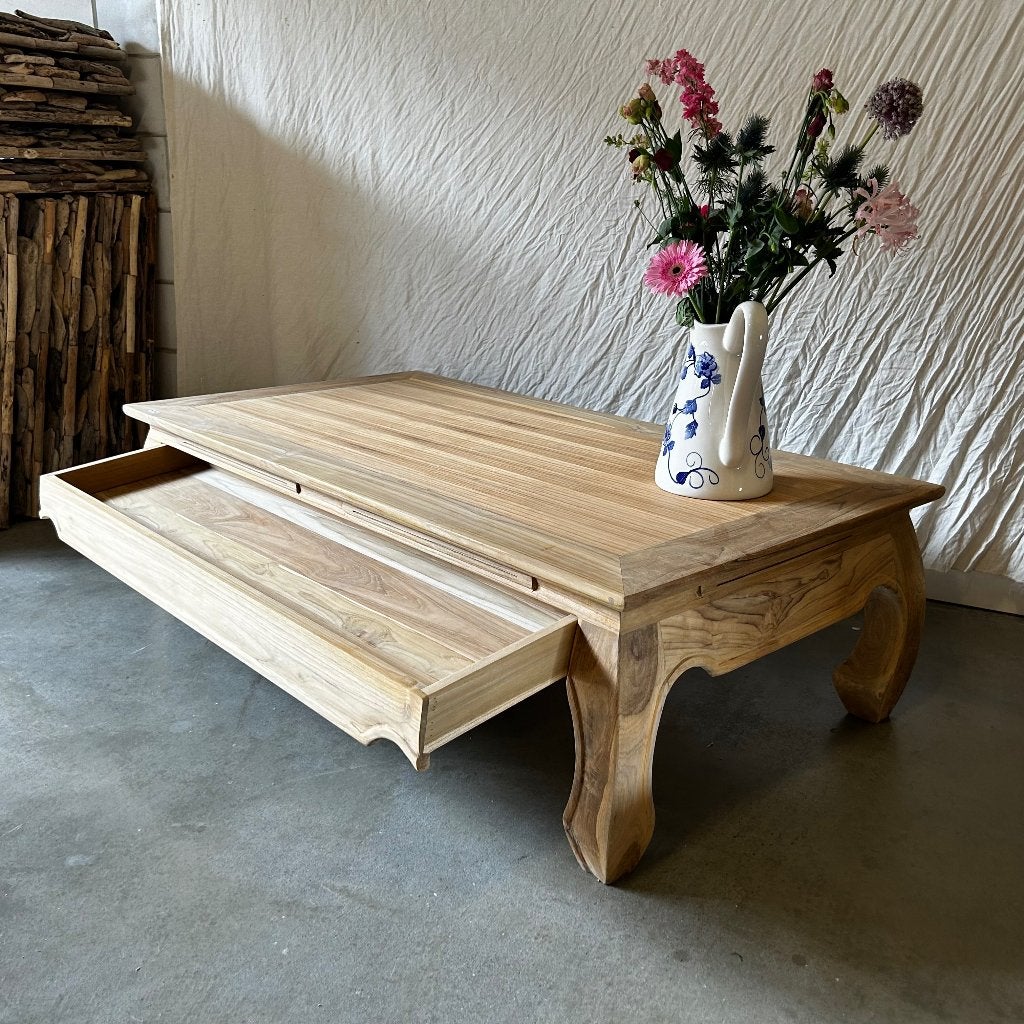 opium salontafel teak - 140 x 75 met 1 lade – Gratis bezorgd, TTM Wonen, Meubels – (Perzische) Tapijten en Woonaccessoires, 100 tot 150 cm