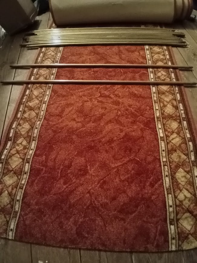 Loper met 13 koperen roeden - 650x66 cm, Gebruikt, 200 cm of meer, Bruin, Rechthoekig