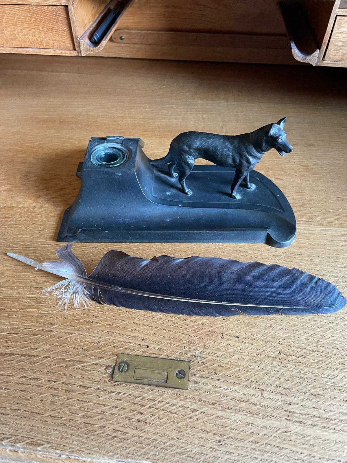 Antieke inktpot met hond en inktstel, Ophalen of Verzenden