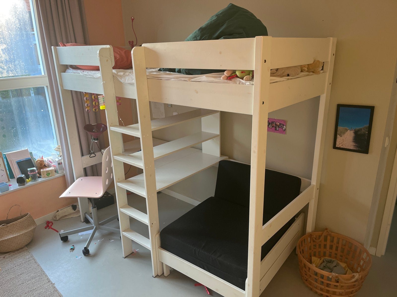 Stevig wit stapelbed met bureau en slaapbank, Gebruikt, 90 cm, Eenpersoons, Ophalen of Verzenden