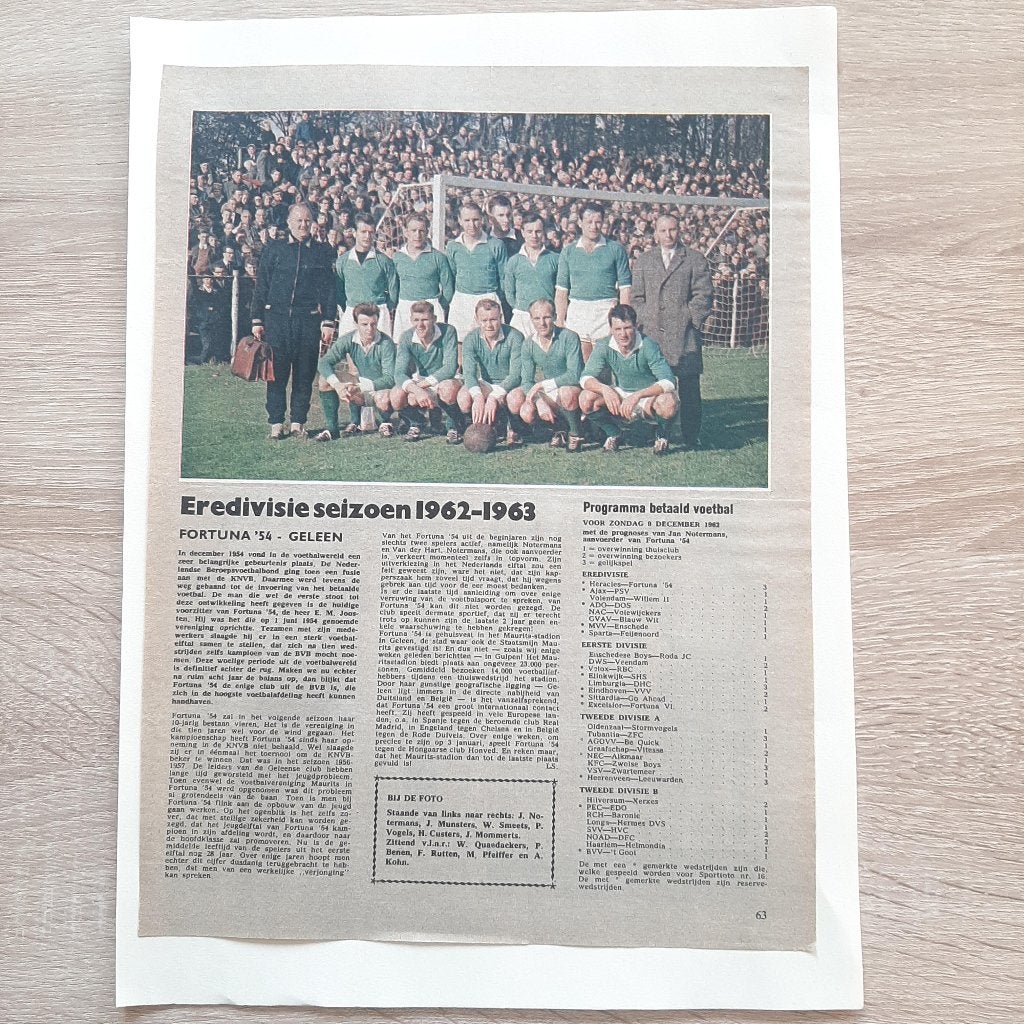 Fortuna'54 Geleen Eredivisie seizoen 1962-63 elftal & namen!, Verzenden, Zo goed als nieuw, Overige binnenlandse clubs, Poster, Plaatje of Sticker