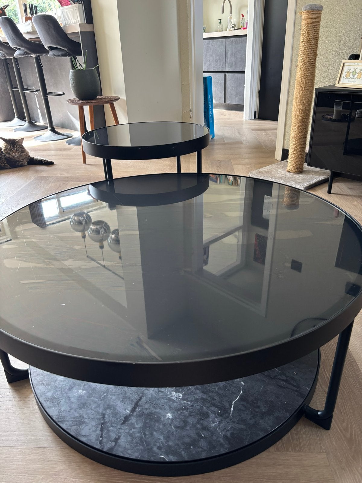Ikea FRÖTORP Salon/bijzettafel set, antraciet marmerpatroon, Ophalen, Gebruikt, Rond, Glas