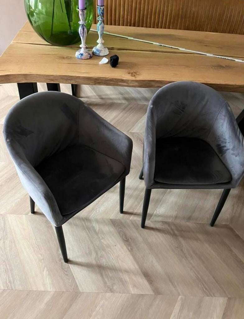 2 velours grijze eetkamerstoelen ruilen tegen…, Huis en Inrichting, Ophalen, Gebruikt, Grijs, Twee
