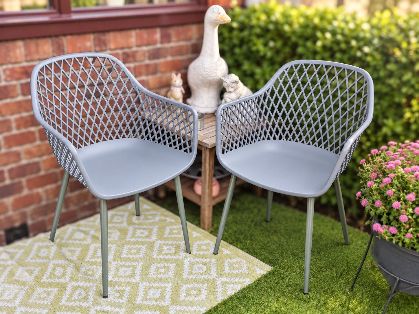 Set van 2 moderne grijs groene tuinstoelen met gaasrug, Tuin en Terras, Tuinstoelen, Ophalen, Zo goed als nieuw, Kunststof