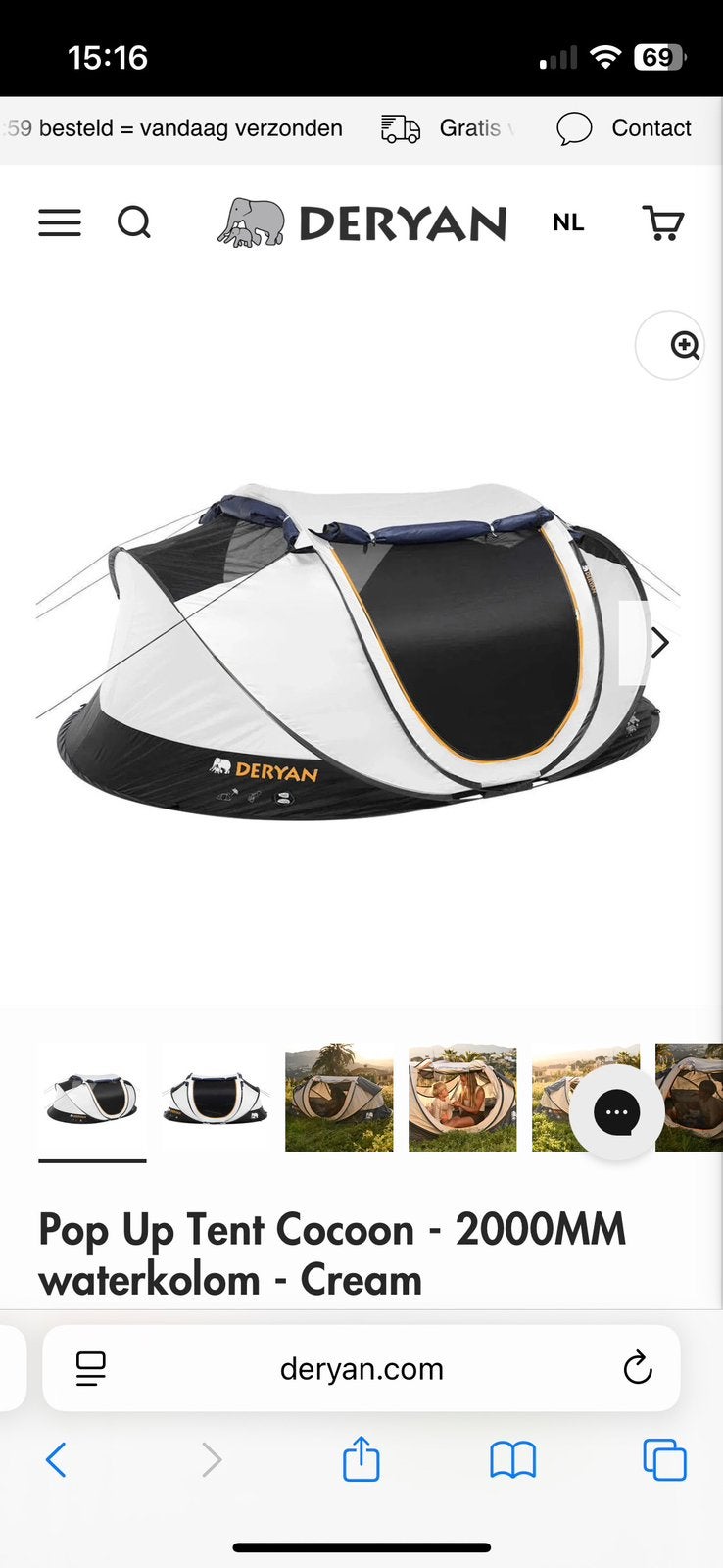 Deryan fresh and black 2pers pop-up tent, Ophalen, Nieuw, Tot en met 2