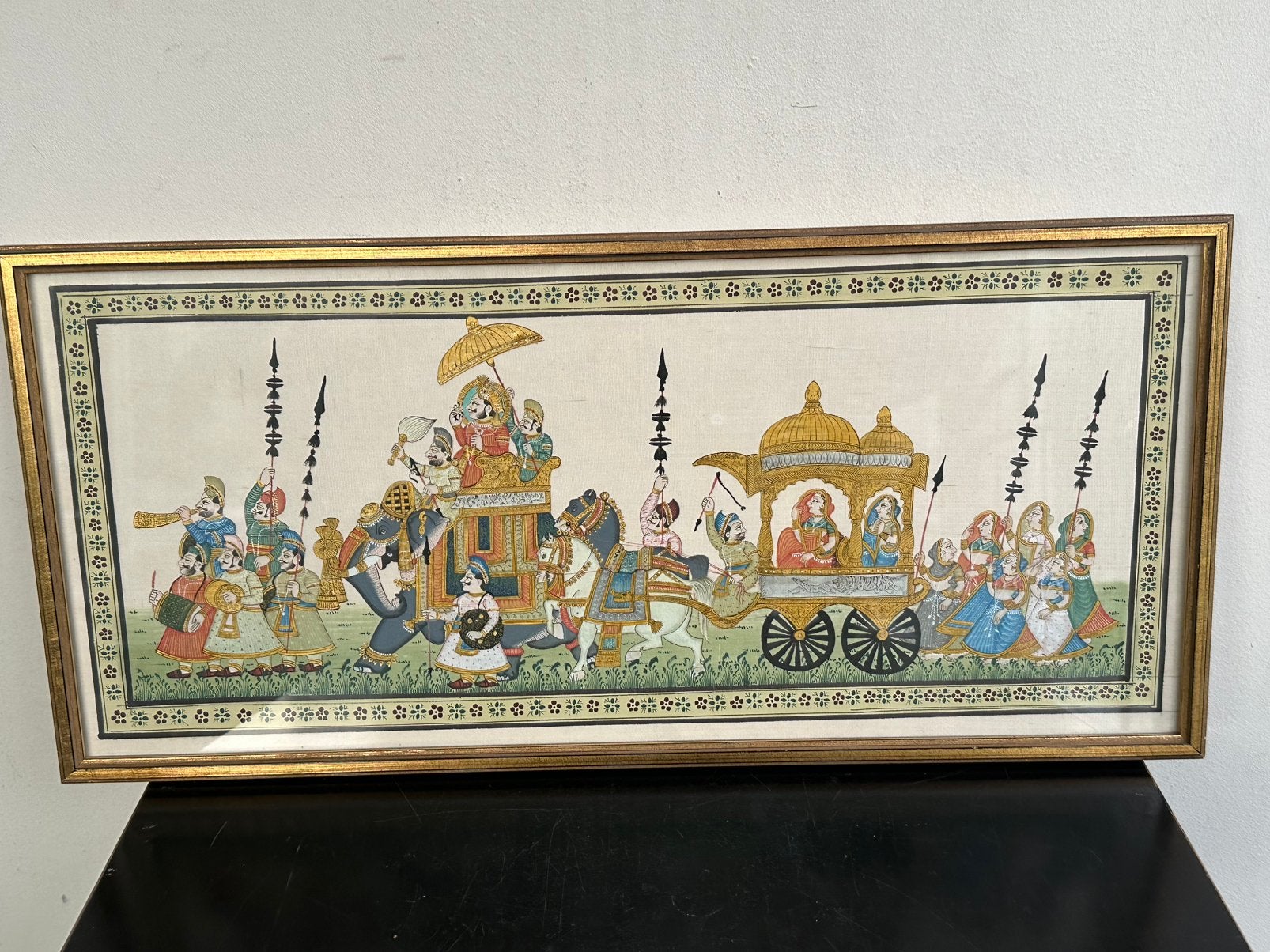 Rajasthan Ceremoniële optocht schilderij 46/21 cm, Antiek en Kunst, Kunst | Niet-Westerse kunst, Ophalen of Verzenden