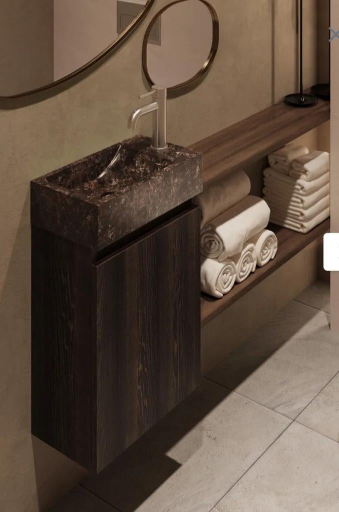 Marmeren fontein wasbak met kastje voor toiletmeubel, Ophalen, Gebruikt, Bruin, Overige typen