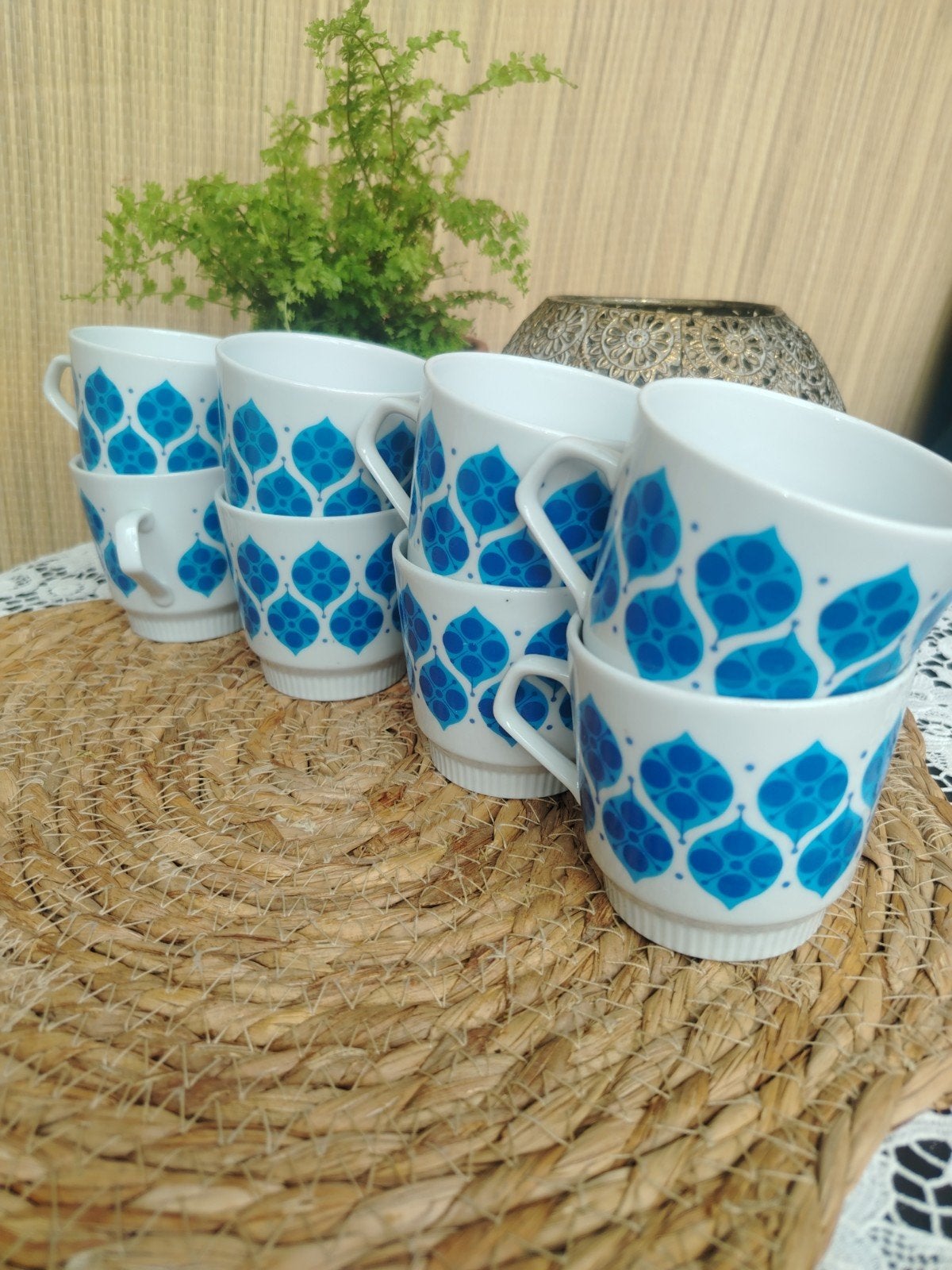 Set van 6 vintage Colditz kopjes - GDR Design - Blauw patroo, Ophalen of Verzenden