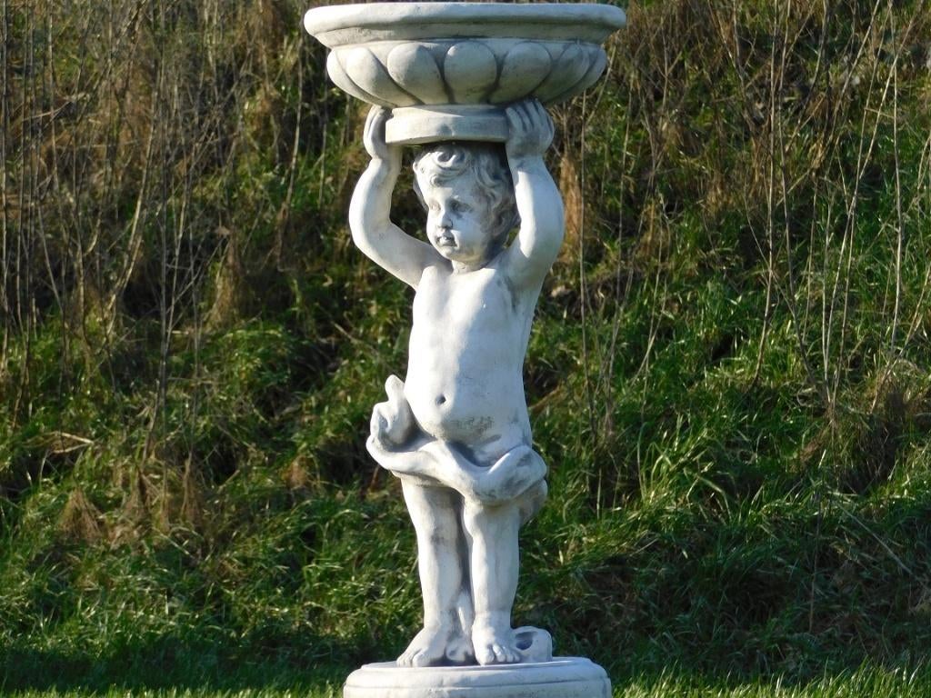 Engel met Schaal op Sokkel - 138 cm - Volledig Steen, Tuin en Terras, Tuinbeelden, Nieuw, Engelenbeeld, Steen, Ophalen of Verzenden