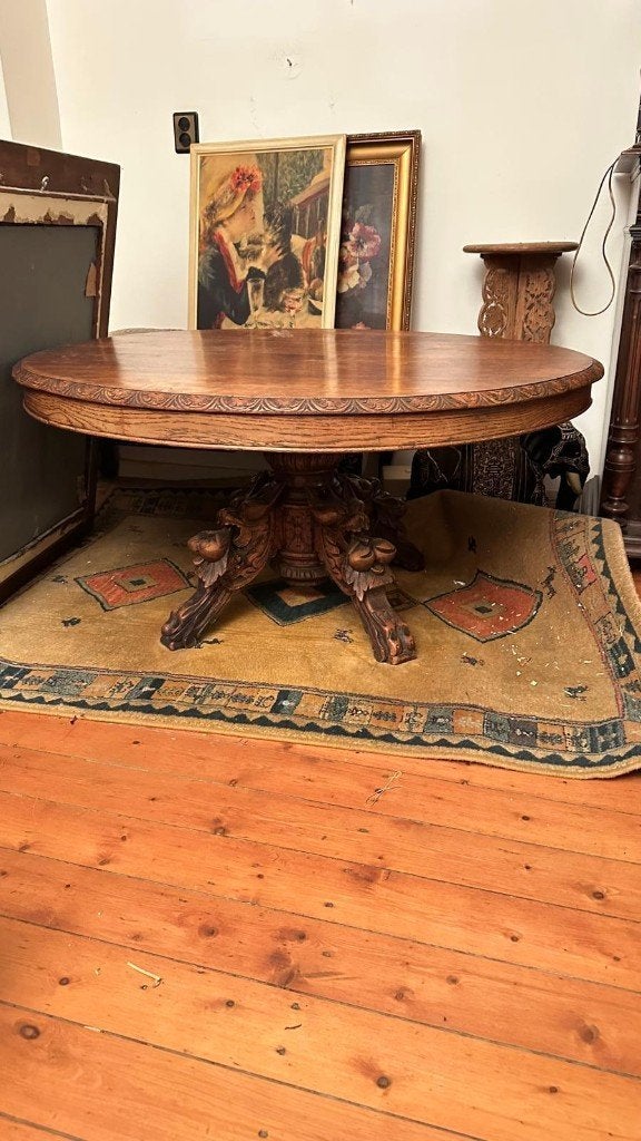 Antieke eiken salontafel, gesneden vossenkopvoet, Ophalen