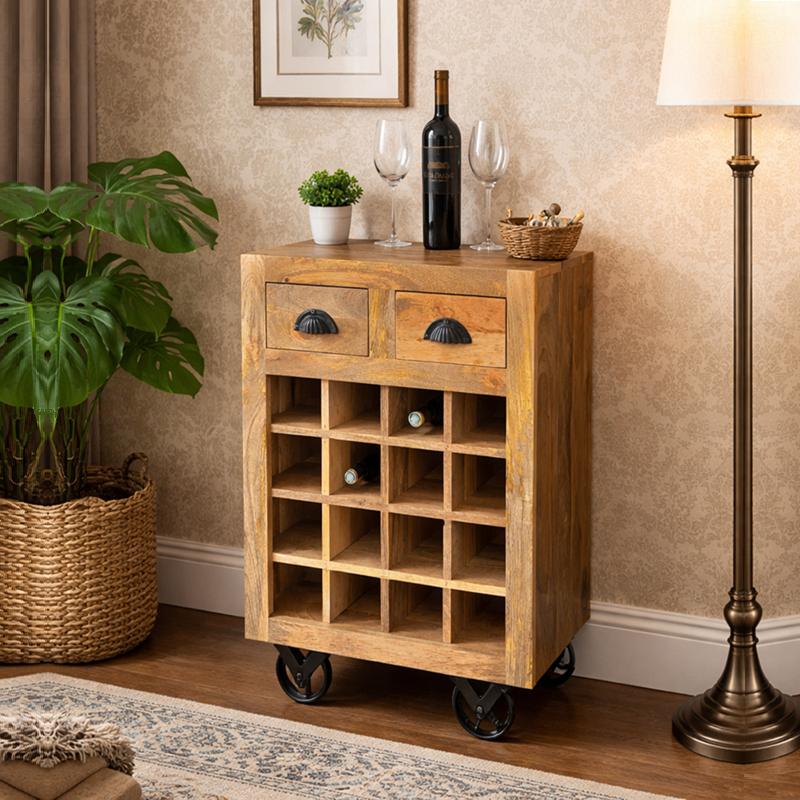 Vintage Wijnkar Wijntrolley Retro Mangohout Drankenkar Mango, Info@dehanzeherten.nl, De Hanze Herten BV, 5 tot 15 flessen, Nieuw