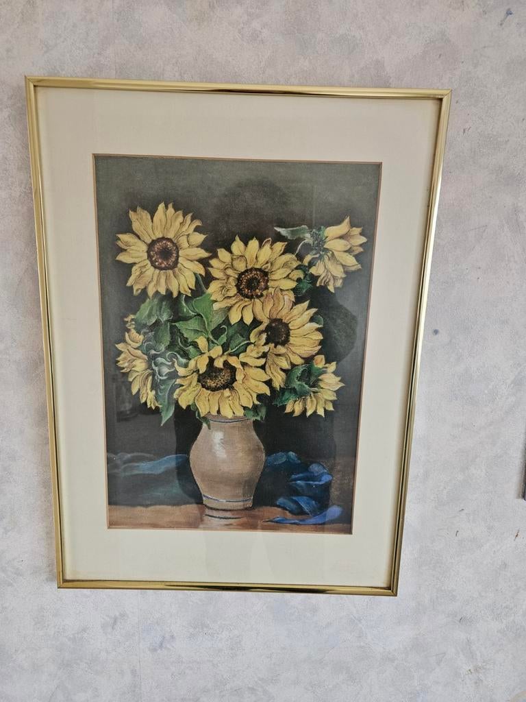 Schilderij Zonnebloemen in Vaas - Ingelijst, Ophalen of Verzenden