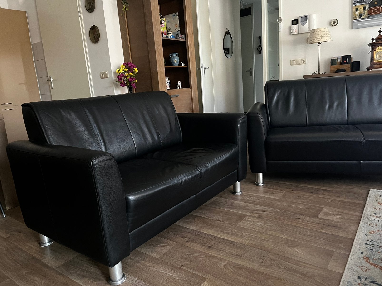 Zwarte leren 2 en 2,1/2 zits bank, Ophalen, Gebruikt, 150 tot 200 cm, Tweepersoons