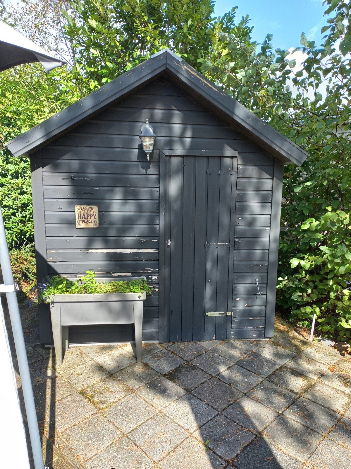Houten schuurtje +/_ 2.25m x 2.25m. op hardhouten onderbalk, Tuin en Terras, Ophalen, Gebruikt, Hout, Schuur