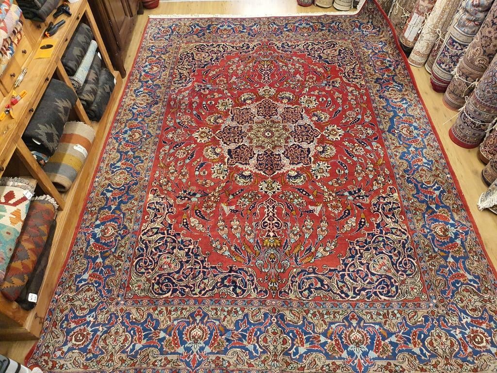 Vintage handgeknoopt perzisch tapijt kashan 373x266, Info@SlatsAntiek.nl, Crème, Gebruikt, Perzisch