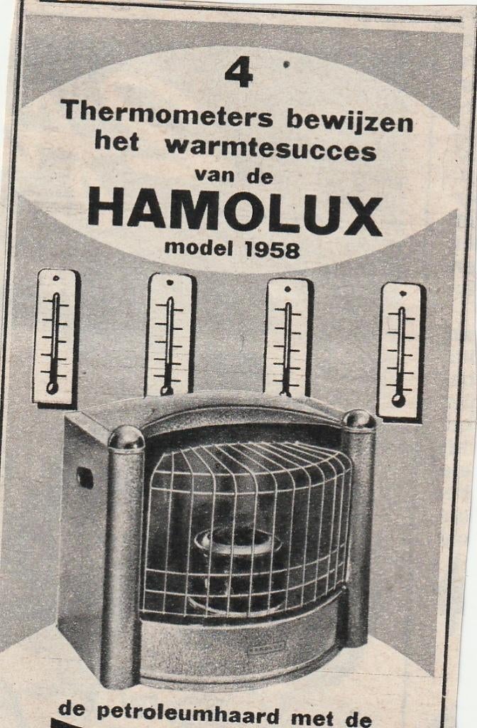 Retro reclame 1958 Hamolux petroleum kachel & reflector, Verzenden, Overige typen