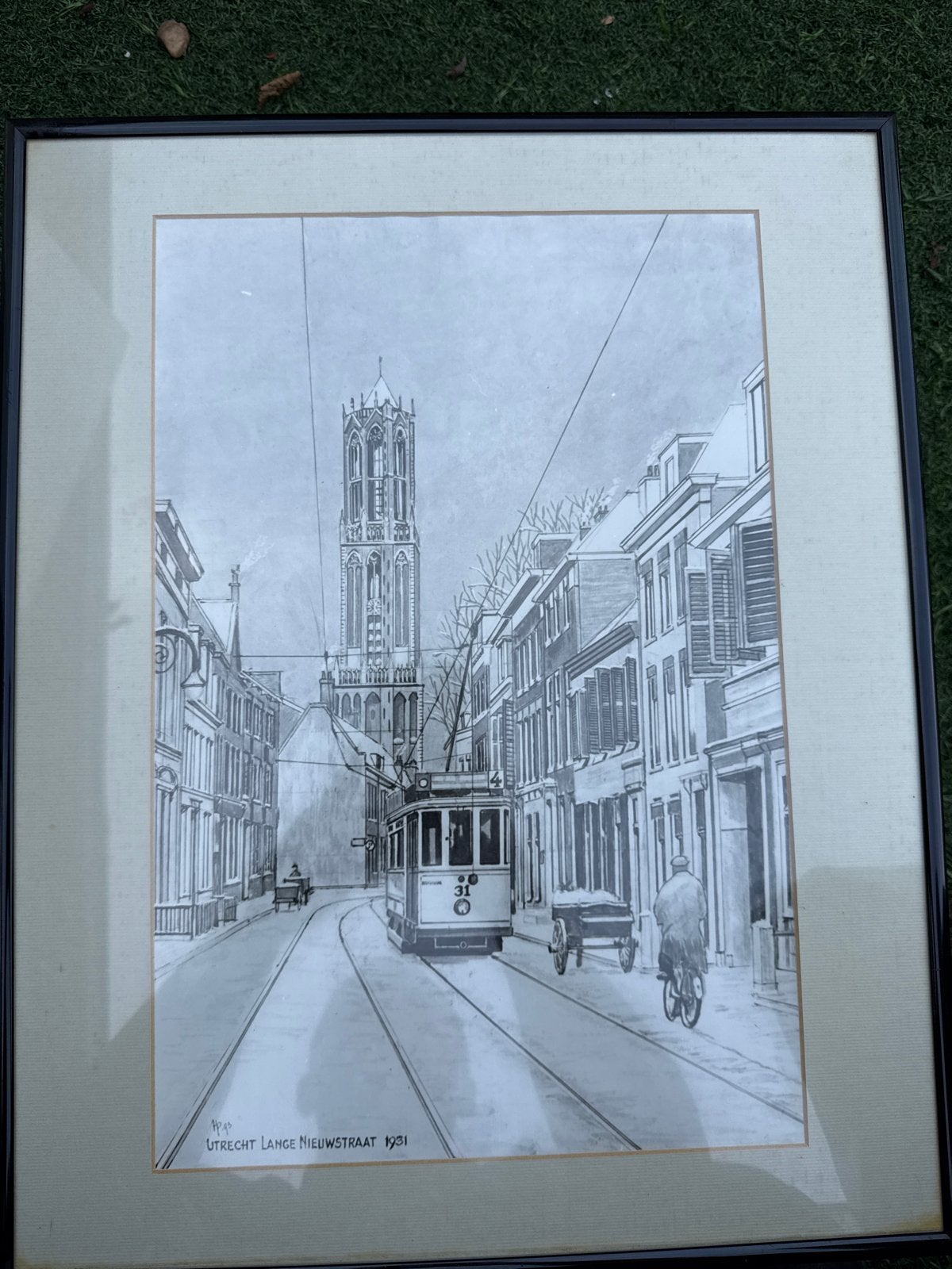 Zwart-wit tekening Lange Nieuwstraat Utrecht, 1931, Ophalen, Tekening, Potloodtekening, Ingelijst