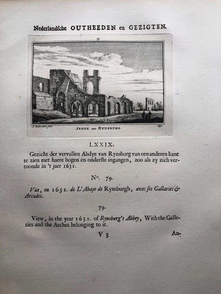 079 / Rijnsburg Ruïne van de Abdij Kopergravure 1731, Antiek en Kunst, Ophalen of Verzenden
