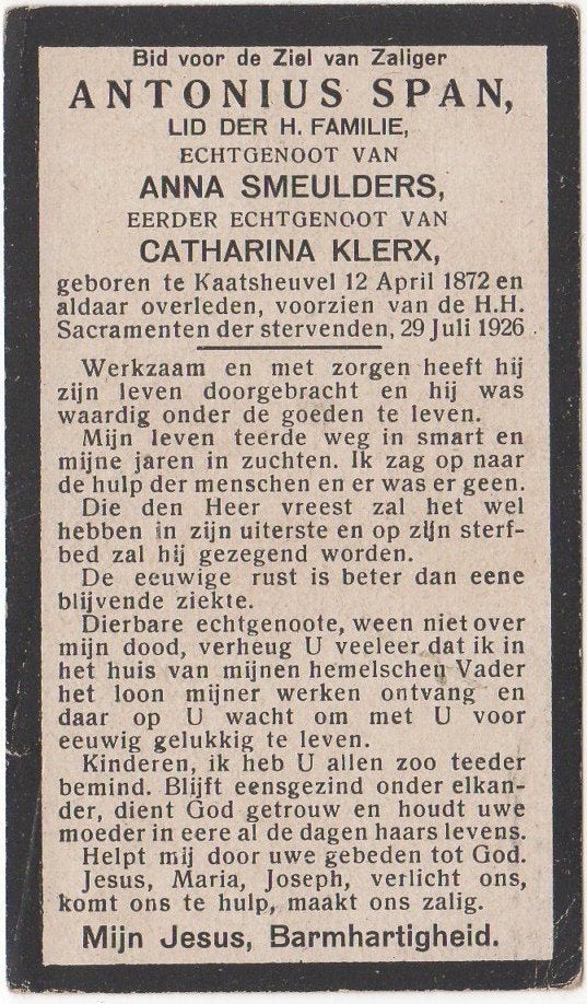 Antonius Span 1872 Kaatsheuvel + 1926 aldaar, 54 jaar oud, Verzenden