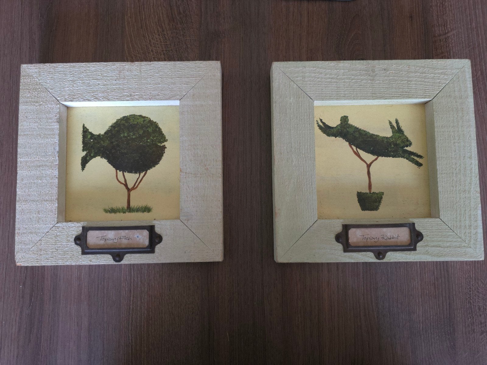 Set van 2 Topiary Kunstwerken: Vis en Konijn, Minder dan 50 cm, Gebruikt, Ophalen of Verzenden, Schilderij