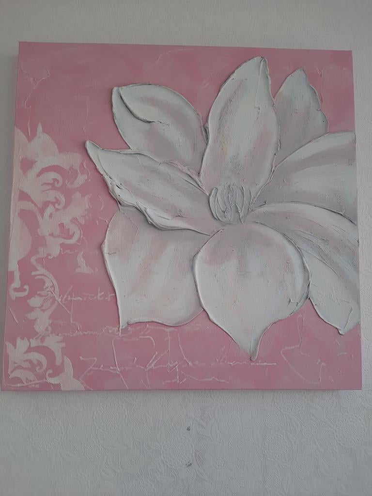 Schilderij roze met witte bloem 60x60, Ophalen