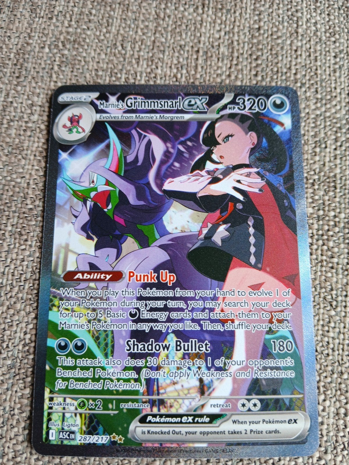 Marnie's Grimmsnarl EX Pokémon Kaart 287/217, Ophalen of Verzenden, Zo goed als nieuw, Losse kaart, Foil